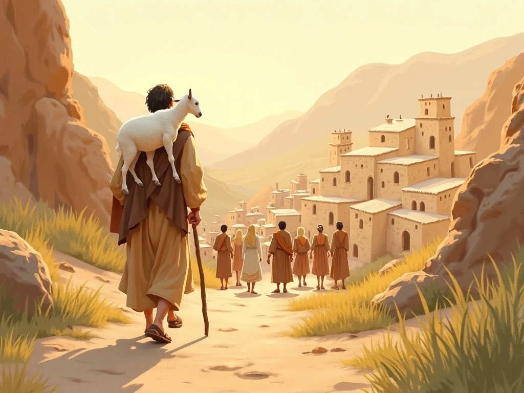 The shepherd carrying the found sheep home with joy