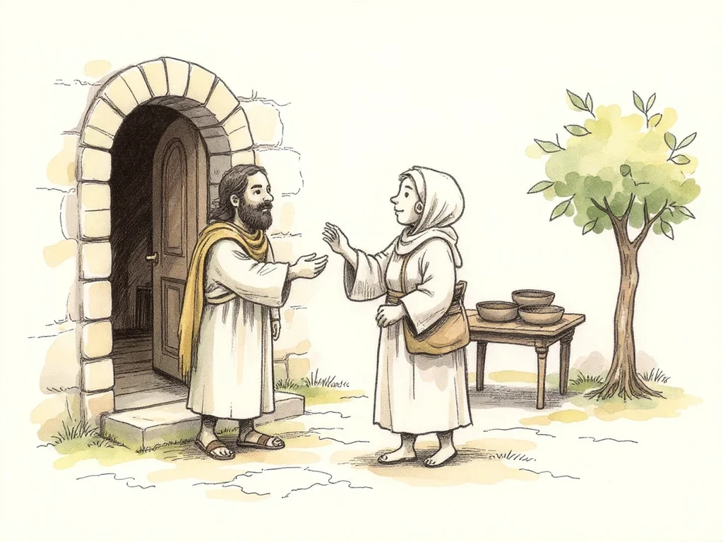 Jesus arriving at the home of Martha and Mary