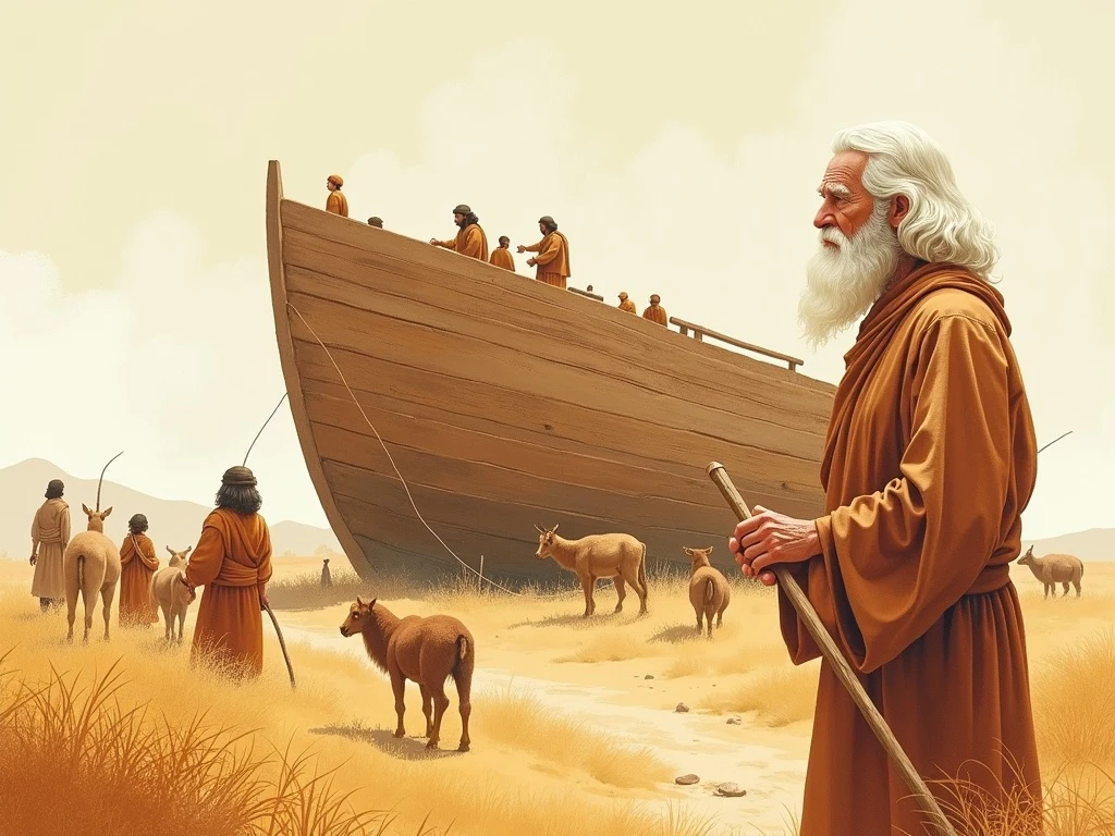 Noah building the ark with animals watching nearby