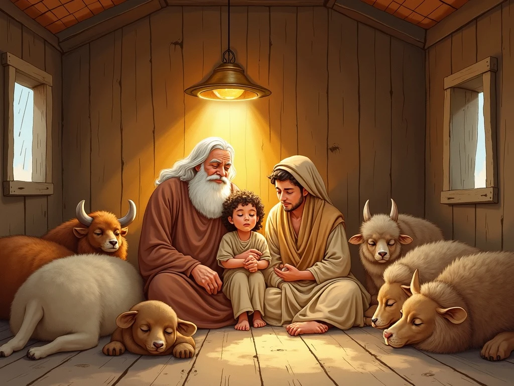 Noah's family safe inside the ark during the flood