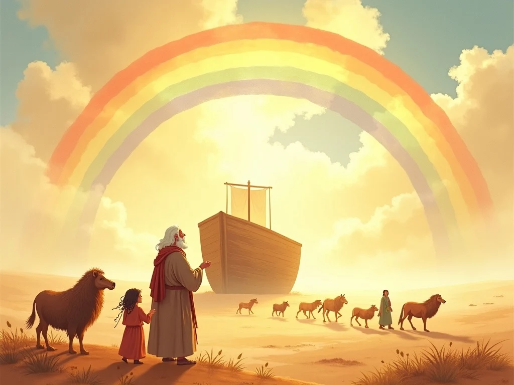 Noah and family seeing the rainbow promise from God