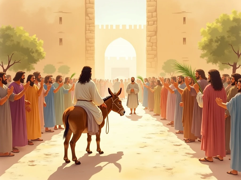 Jesus riding humbly on a donkey into Jerusalem