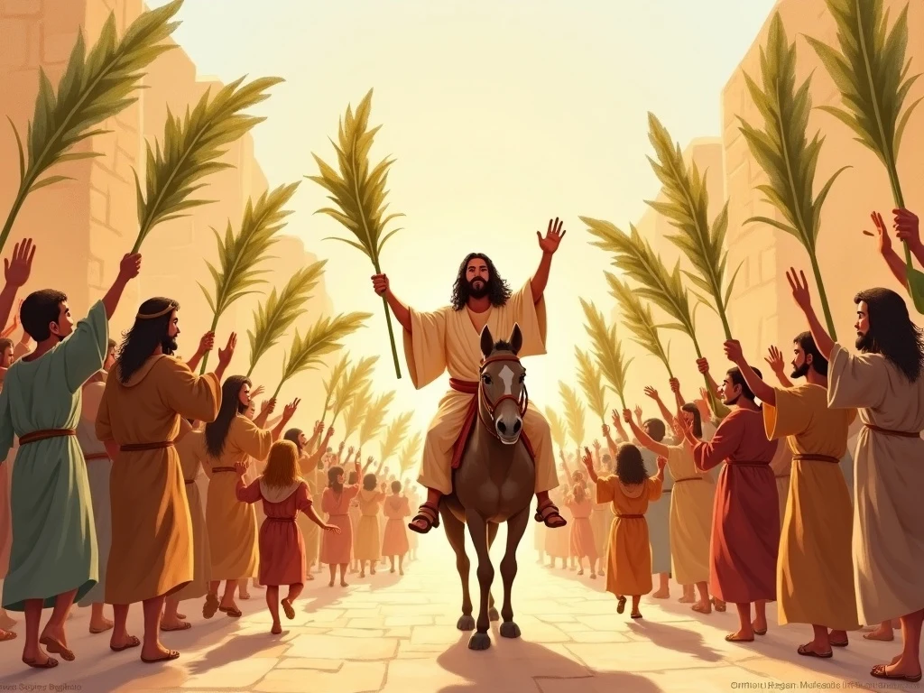 The joyful crowd waving palm branches for Jesus