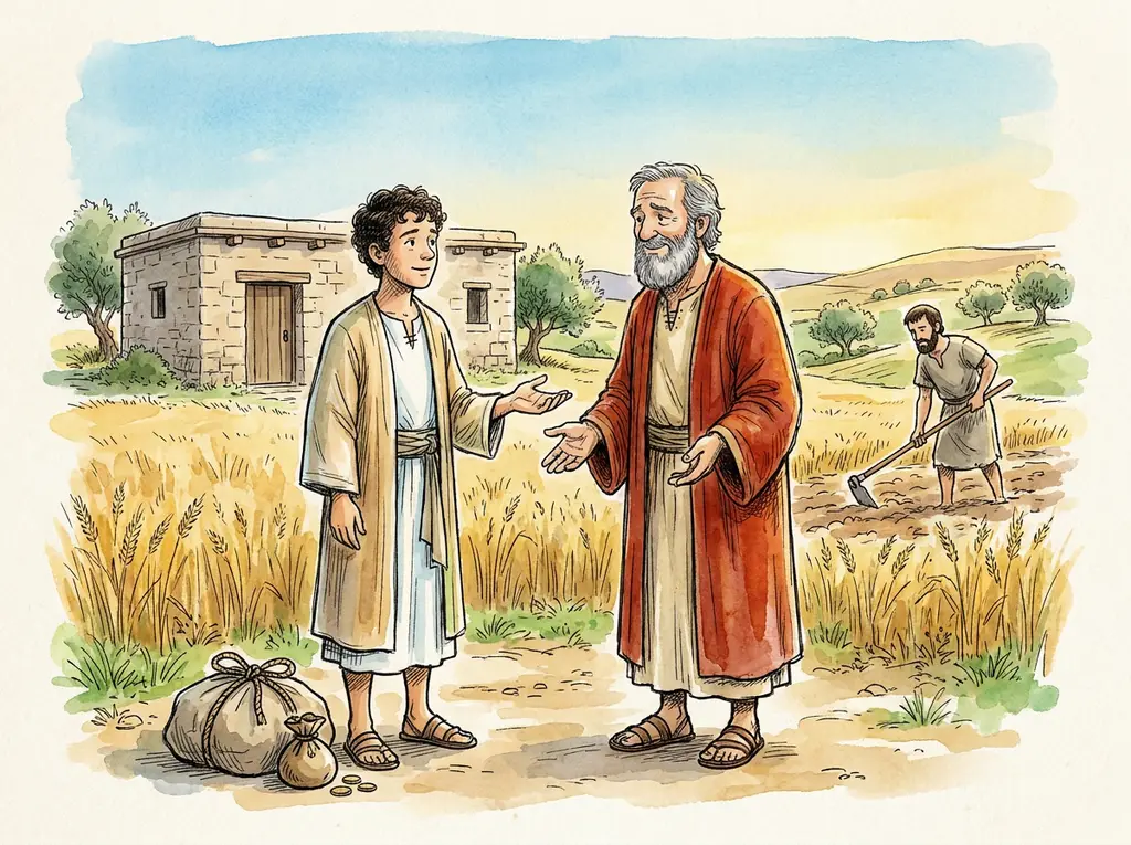 The younger son asking his father for his share, with bags packed and his older brother working in the field