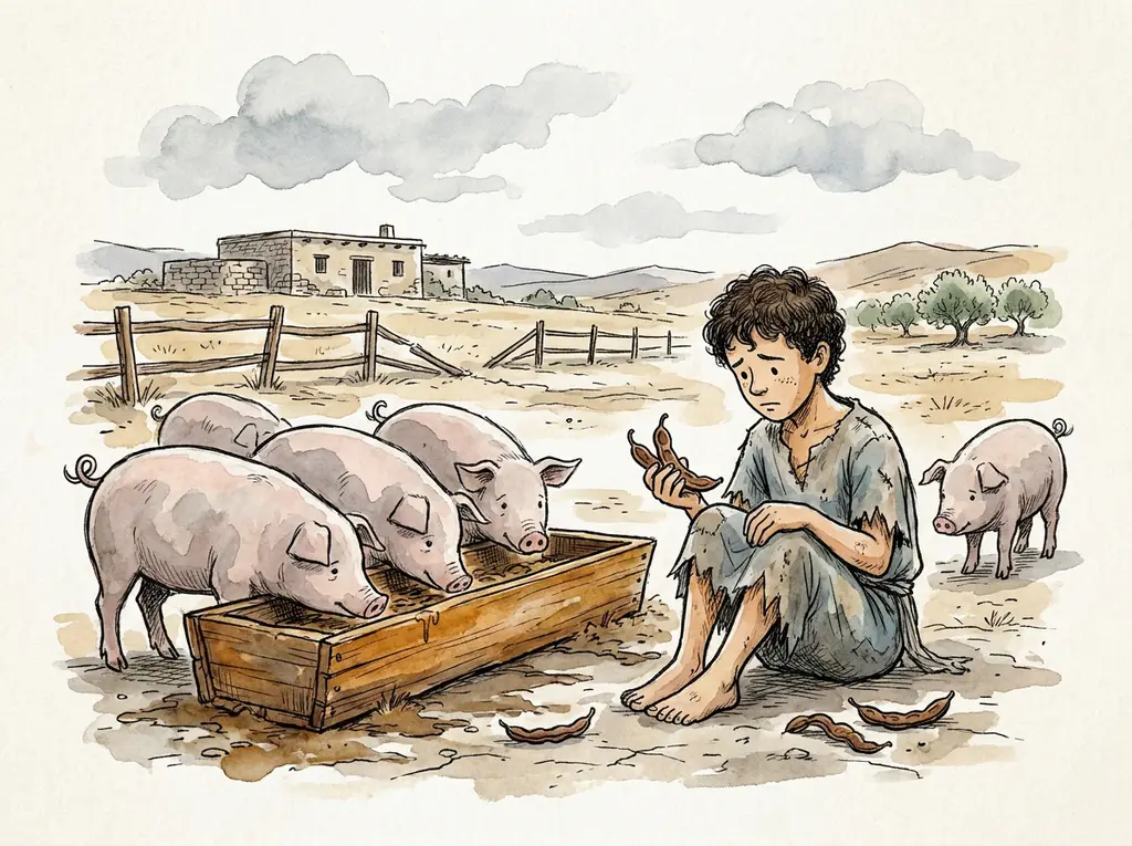 The ragged son sitting sadly among the pigs at the trough, holding empty pods