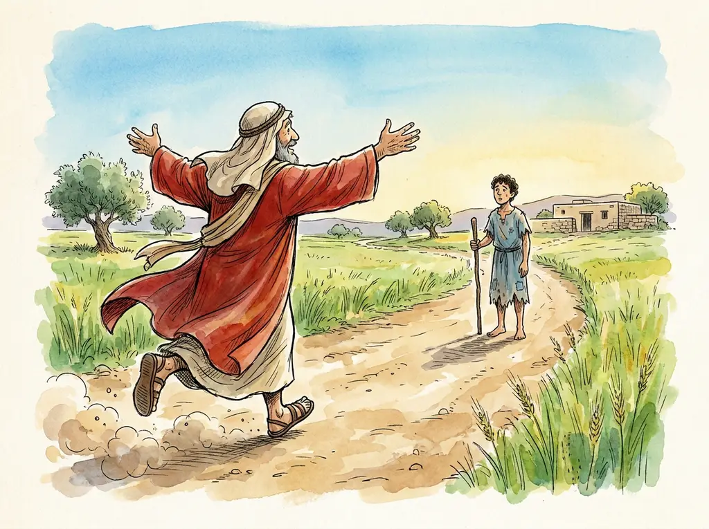 The father running down the road with robes flying and arms wide as the ragged son walks home