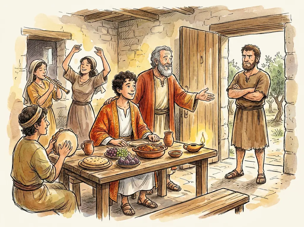 The welcome-home feast with the robe and ring, while the father reaches a kind hand toward the older brother at the doorway