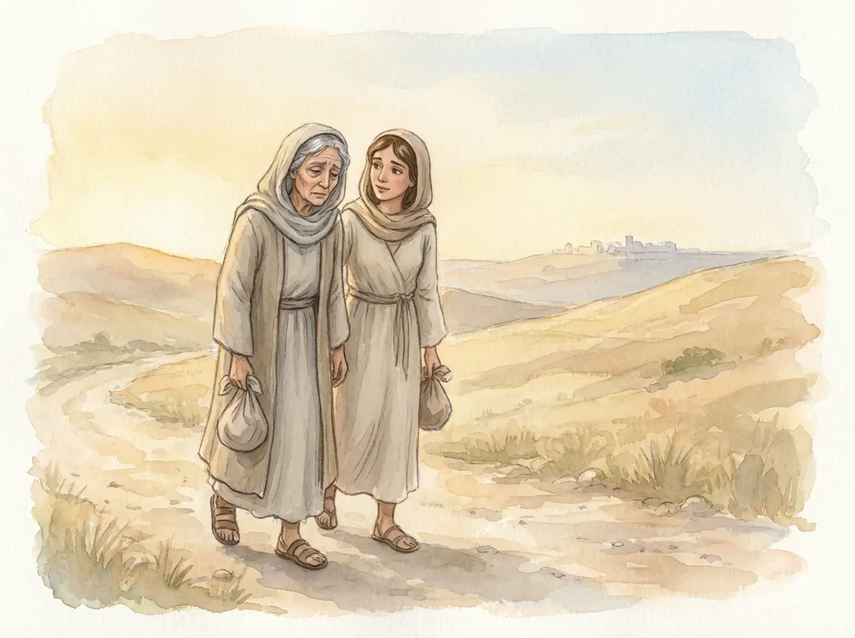 Naomi and Ruth walking together on the long road toward Bethlehem at dawn