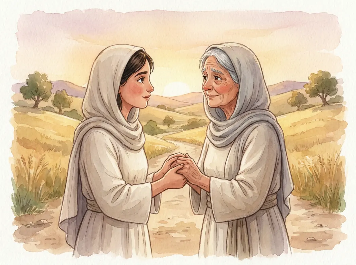 Ruth holding Naomi's hands and promising to stay with her on the road