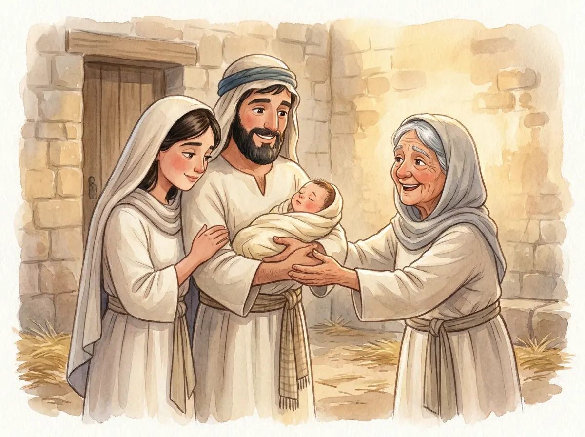 Boaz and Ruth together holding their baby son Obed with Naomi smiling beside them