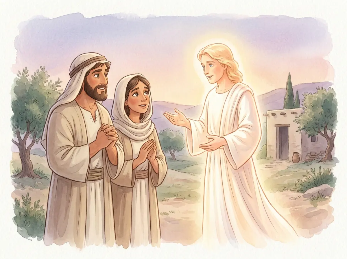 An angel visiting Samson's mother and father in the countryside to promise a special son