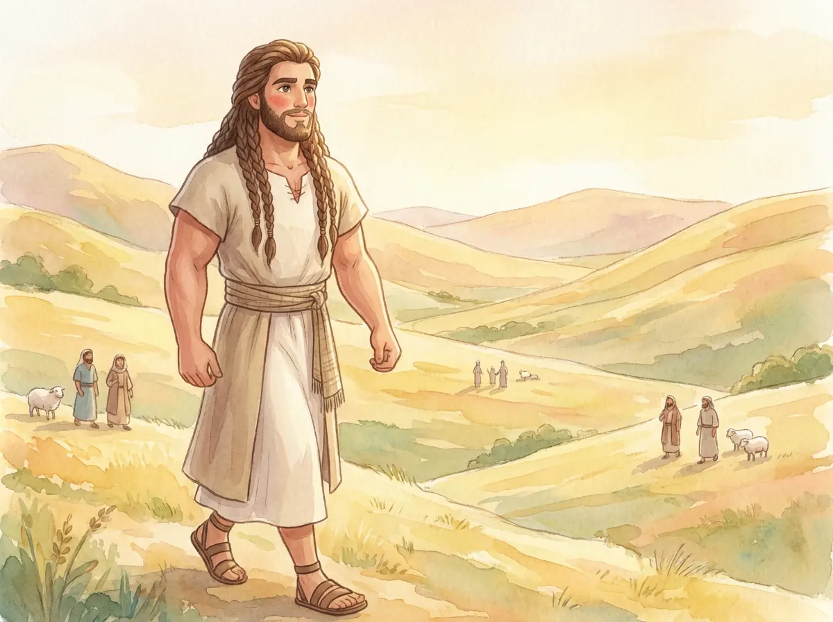 Samson as a strong young man with long hair walking through the hills of his homeland