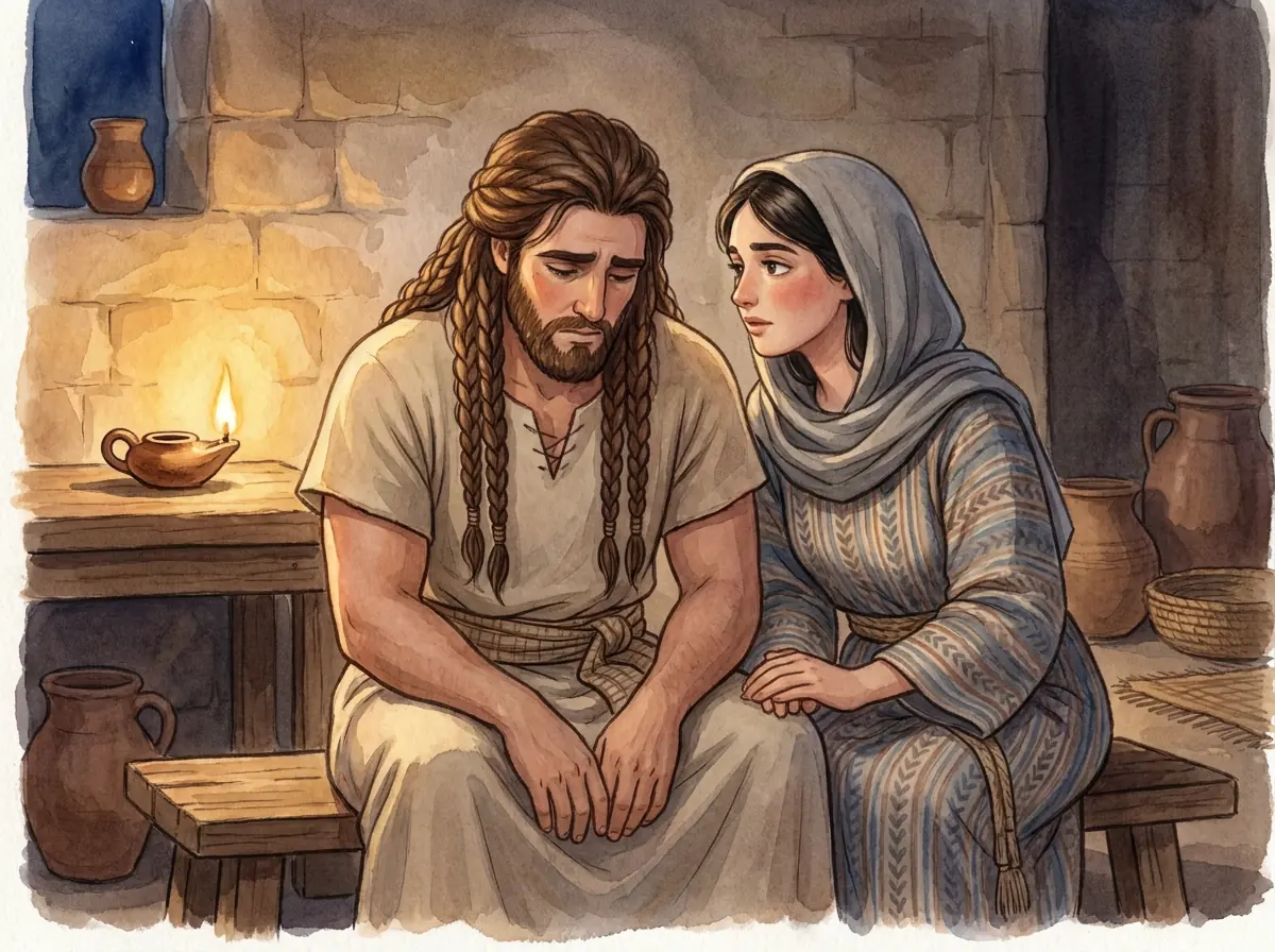 Delilah listening closely as a worried Samson sits with his head bowed