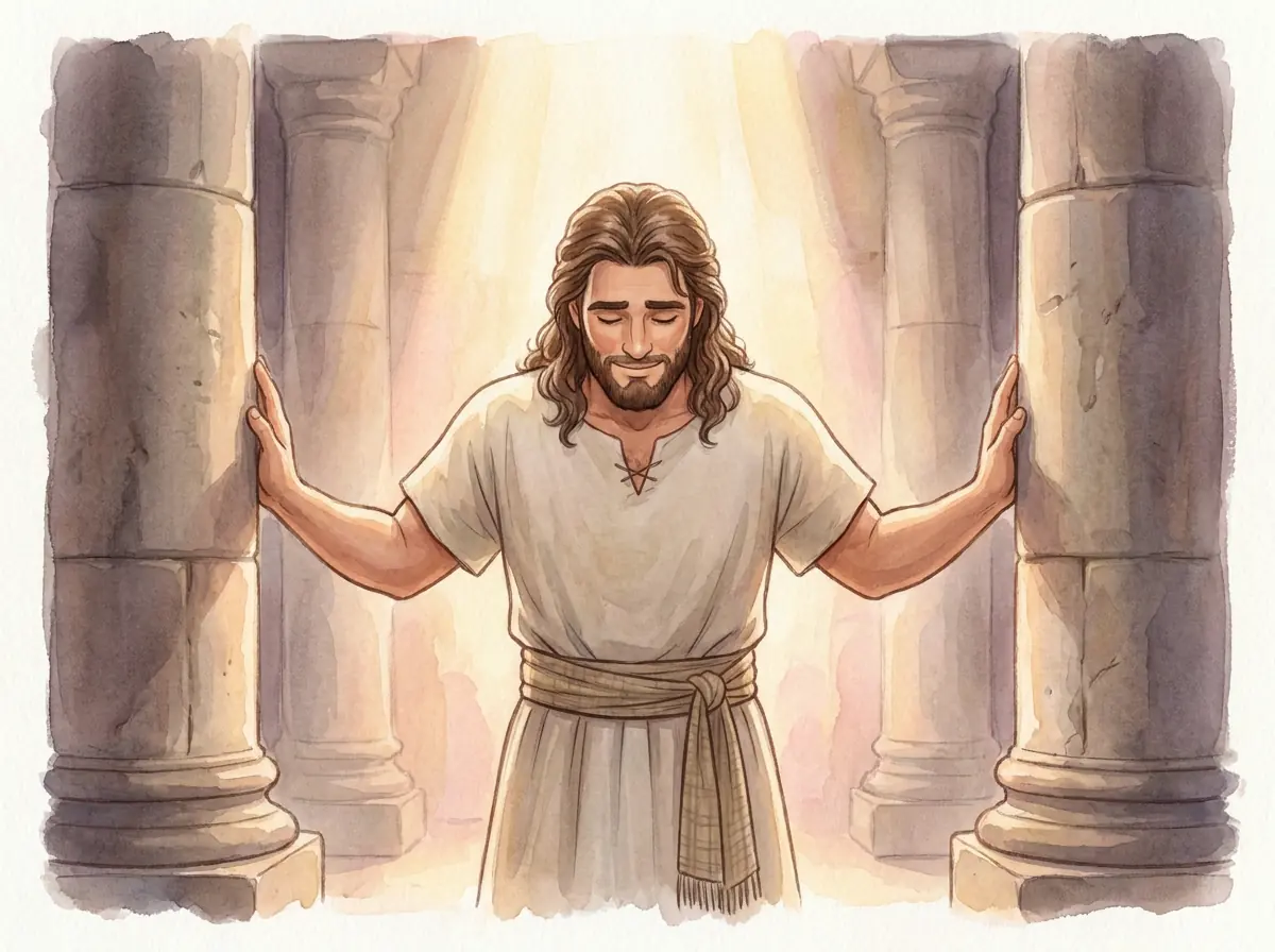 Samson praying with his head bowed between two great stone pillars