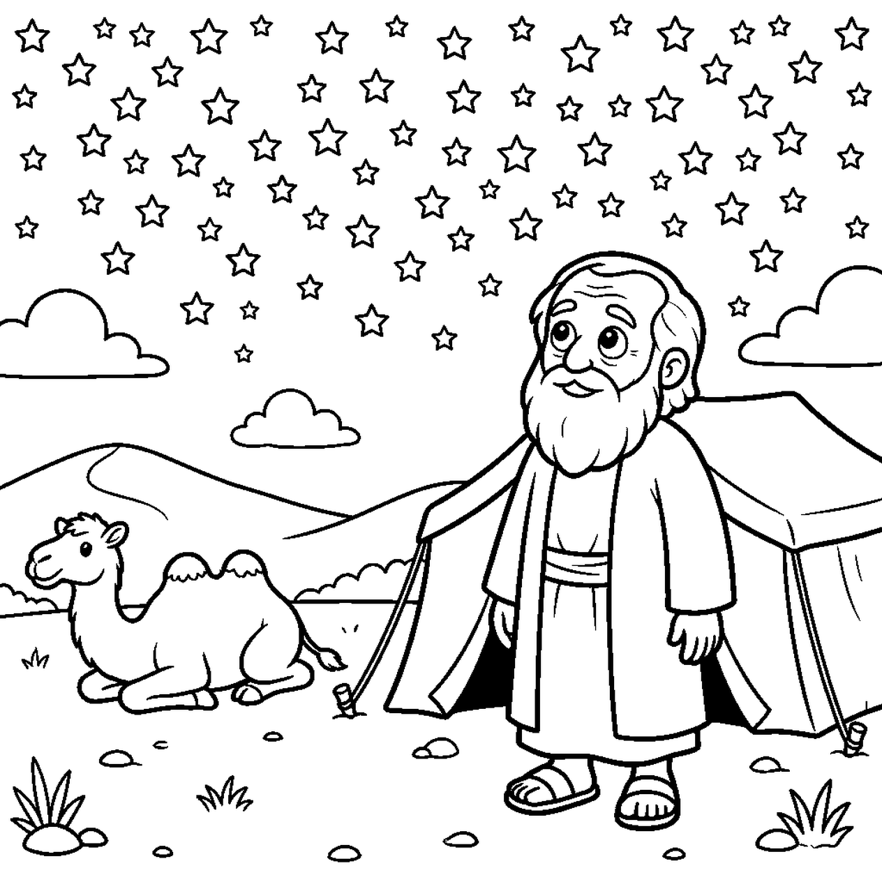 Abraham coloring page — an elderly, bearded Abraham gazing up at a night sky filled with dozens of stars, standing outside his tent with a camel resting on the ground beside him