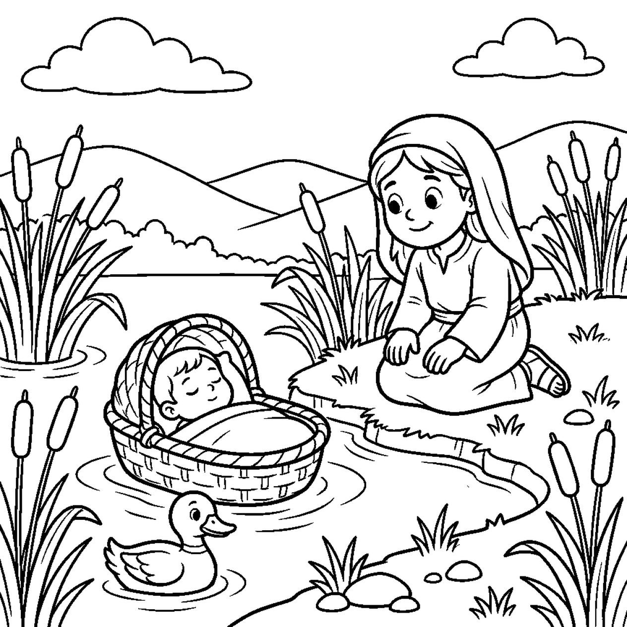 Baby Moses coloring page: Moses asleep in a woven basket floating among reeds and cattails while his sister Miriam kneels on the riverbank, with a duck swimming nearby
