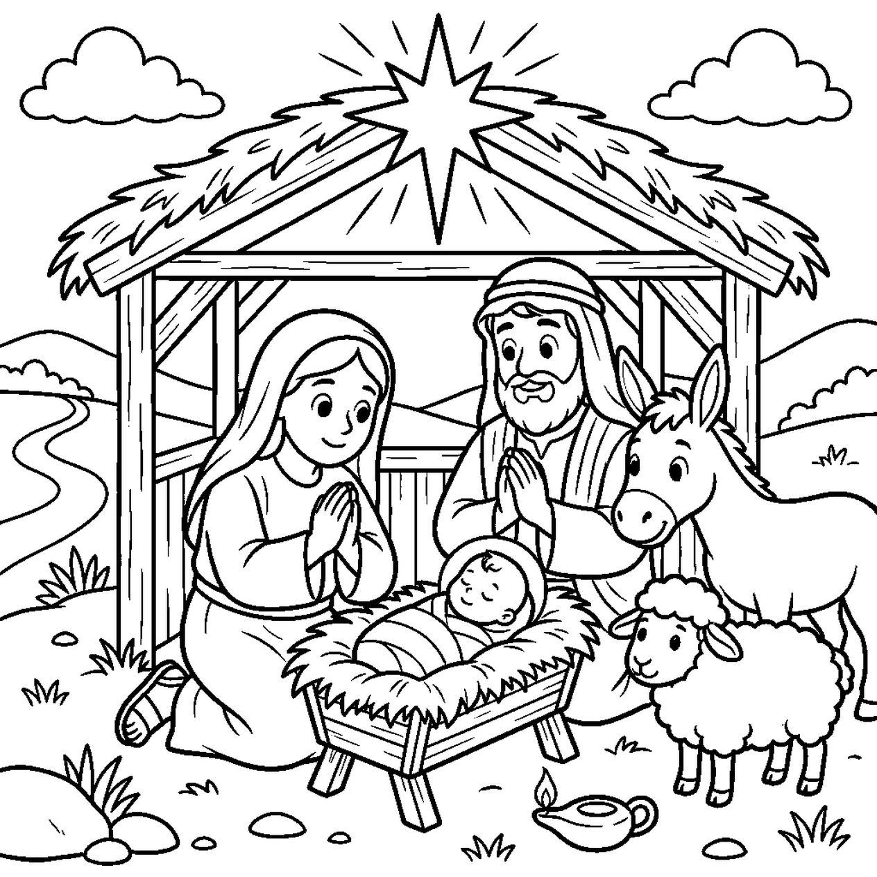 Birth of Jesus coloring page — Mary and Joseph kneeling beside baby Jesus in a straw-filled manger under a stable roof, with a large star above, a donkey, and a sheep