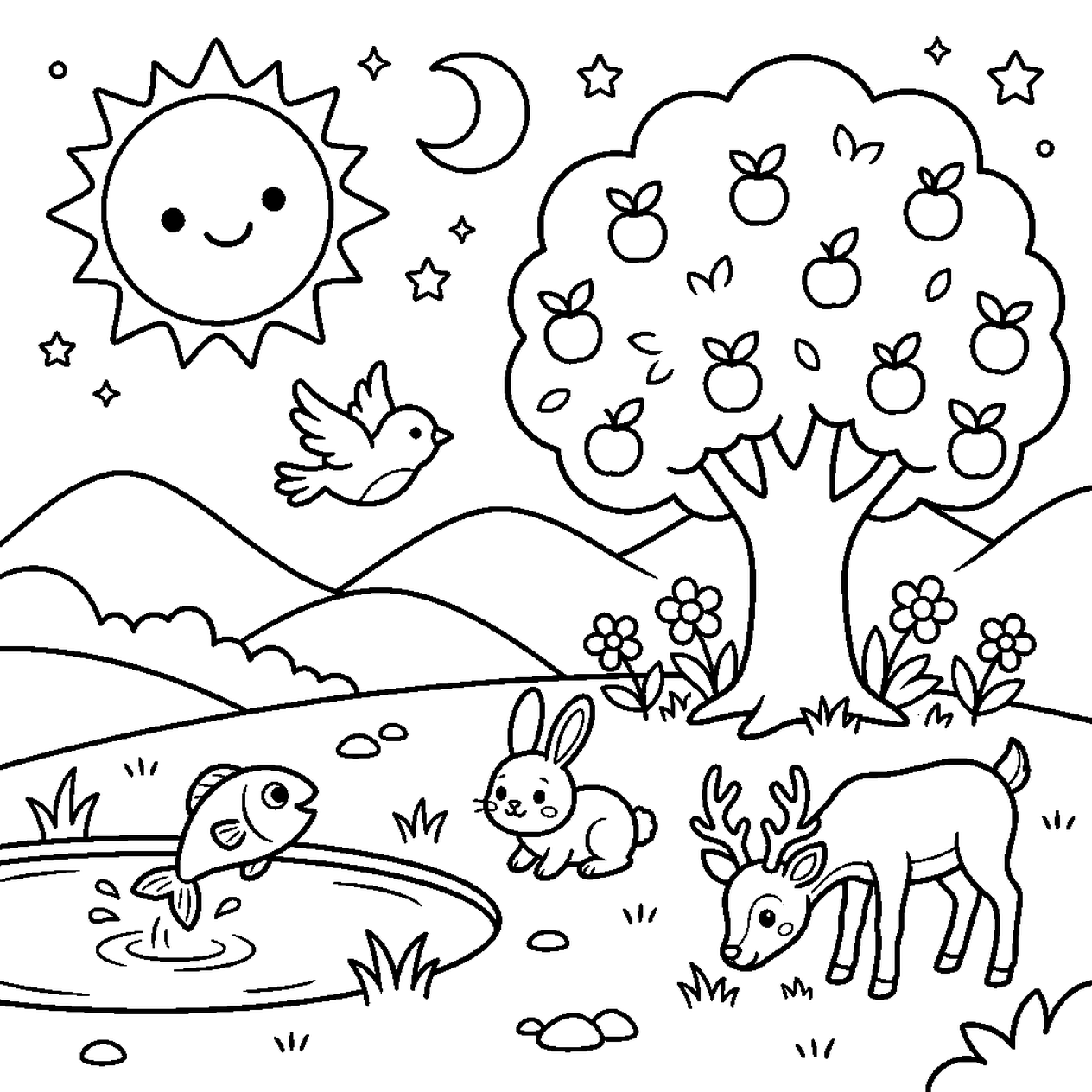 Creation coloring page — a smiling sun and crescent moon sharing a starry sky above a fruit tree, a flying bird, a fish leaping from a pond, a rabbit, and a deer