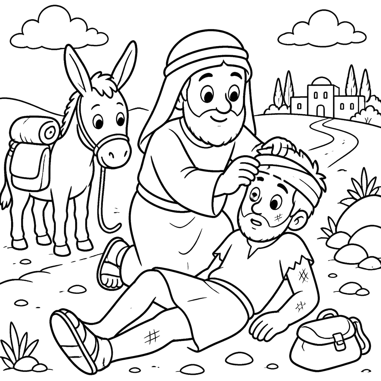 The Good Samaritan coloring page preview — a kind man helping an injured traveler on the roadside with a donkey nearby