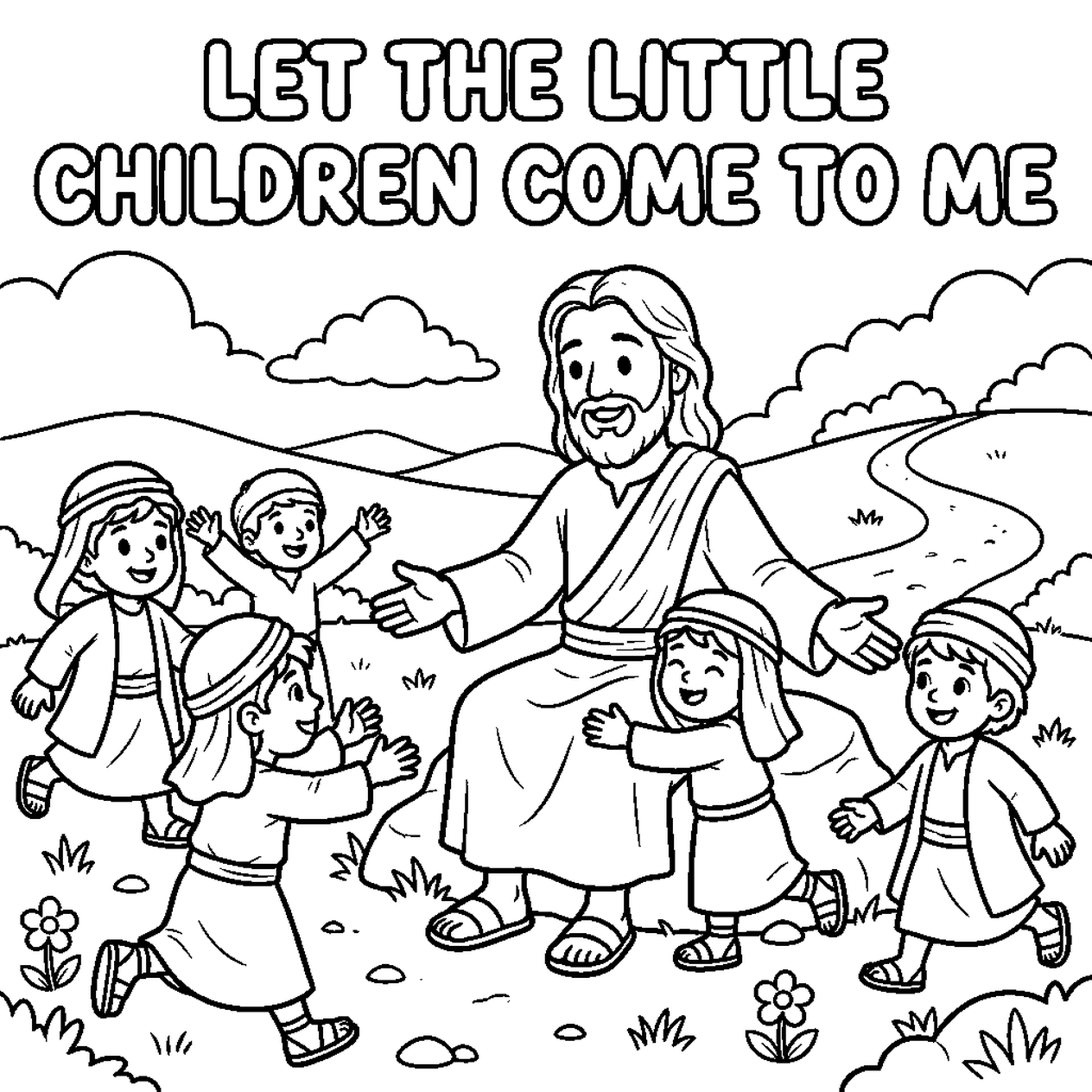 Let the Children Come coloring page — the words "LET THE LITTLE CHILDREN COME TO ME" in tall capital bubble letters across the top, Jesus seated on a rock with his arms open wide and a warm smile, five joyful children in robes and head coverings running toward him and hugging him, with a winding path, rolling hills, clouds, and flowers around them