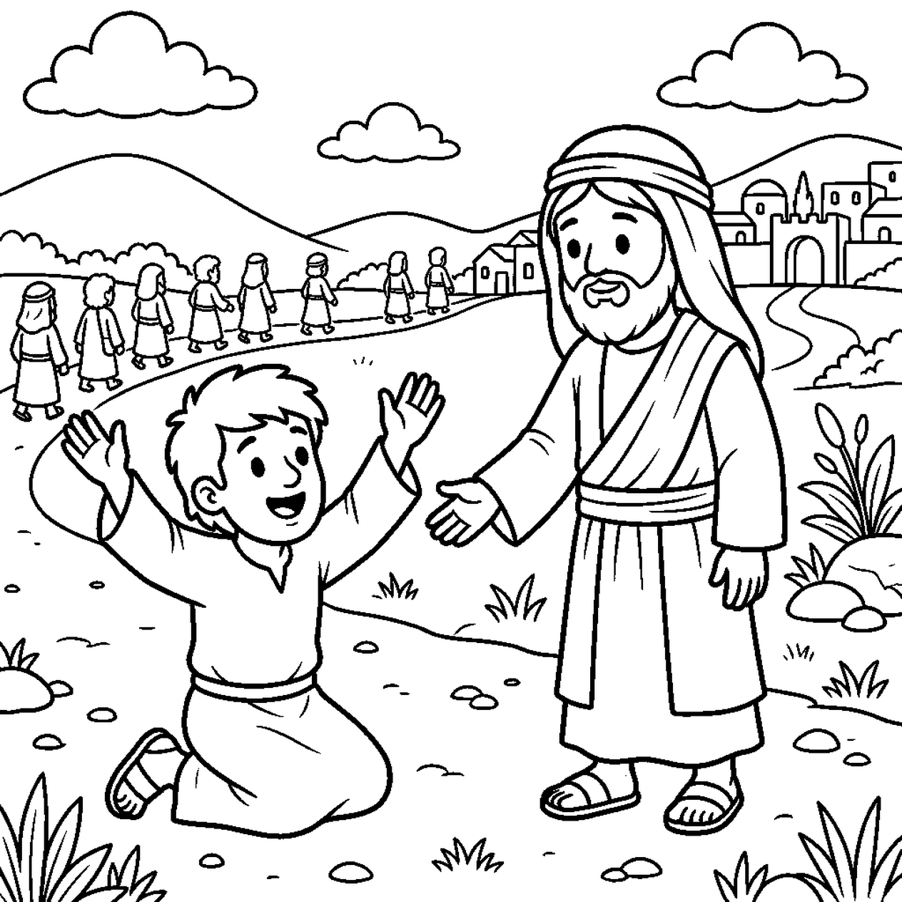 Ten lepers coloring page — a healed man kneeling with both arms raised in thanks before Jesus, while a line of nine small figures walks away along the road toward a village on the hill