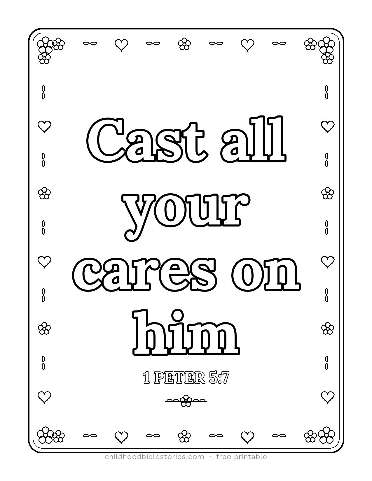 Cast All Your Cares on Him Bible verse coloring page preview (1 Peter 5:7)