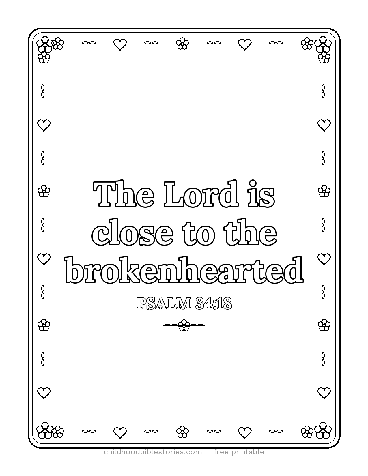The LORD Is Close to the Brokenhearted Bible verse coloring page preview (Psalm 34:18)
