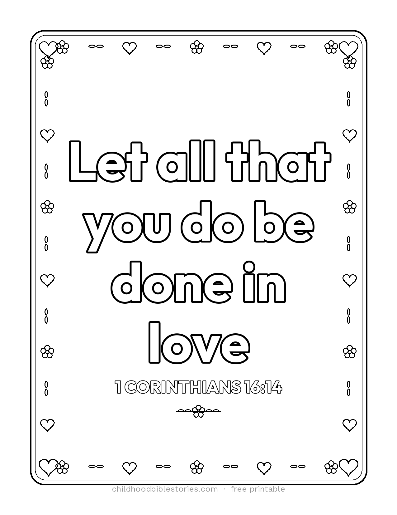 Let All That You Do Be Done in Love Bible verse coloring page preview (1 Corinthians 16:14)