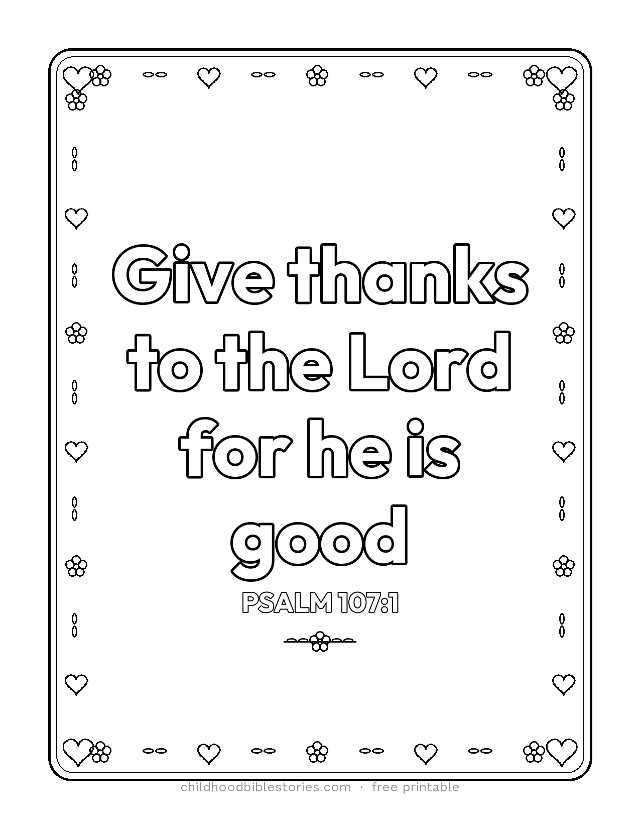 Give Thanks to the LORD Bible verse coloring page preview (Psalm 107:1)