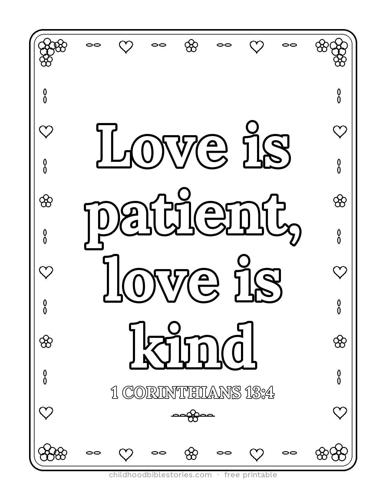 Love Is Patient, Love Is Kind Bible verse coloring page preview (1 Corinthians 13:4)