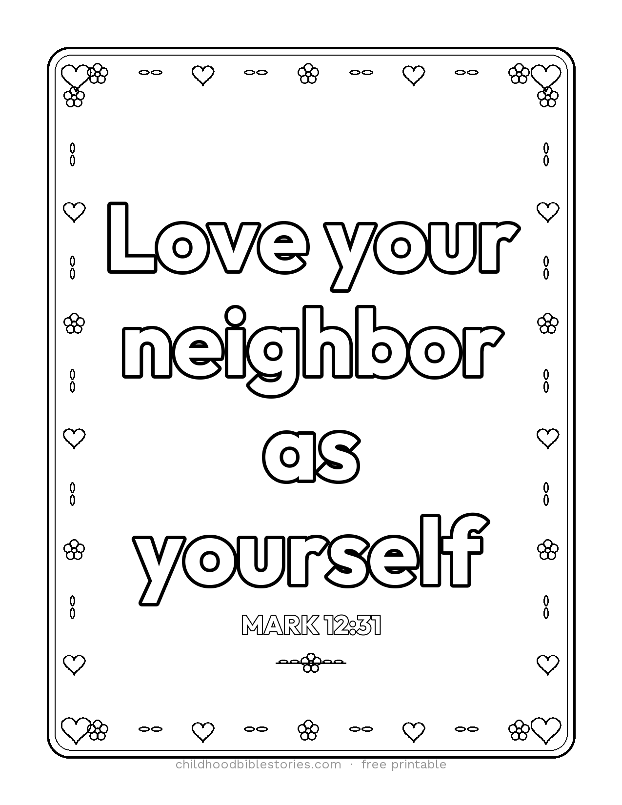 Love Your Neighbor as Yourself Bible verse coloring page preview (Mark 12:31)