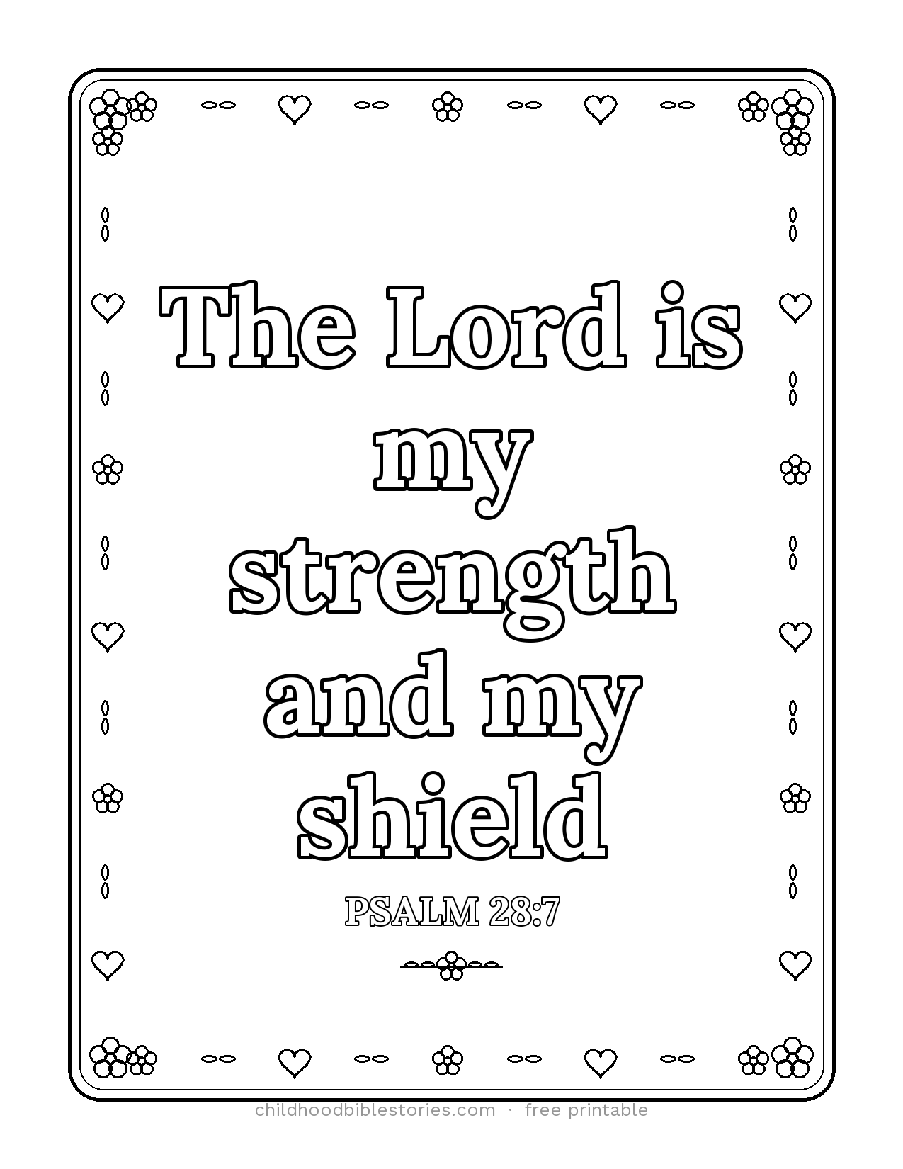 The LORD Is My Strength and My Shield Bible verse coloring page preview (Psalm 28:7)